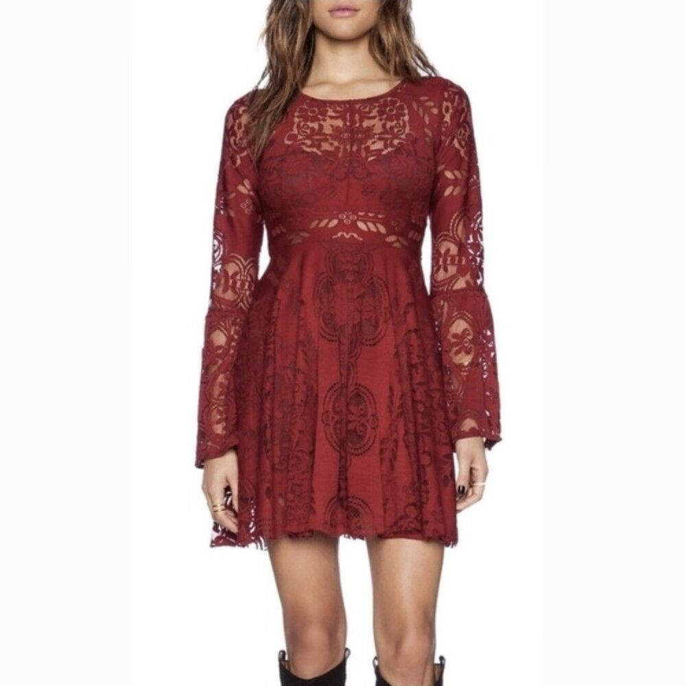 FREE PEOPLE Lace Lovers Dress Sz 8 Folk Bell Sleeve Cutout Back Mini Burgundy.